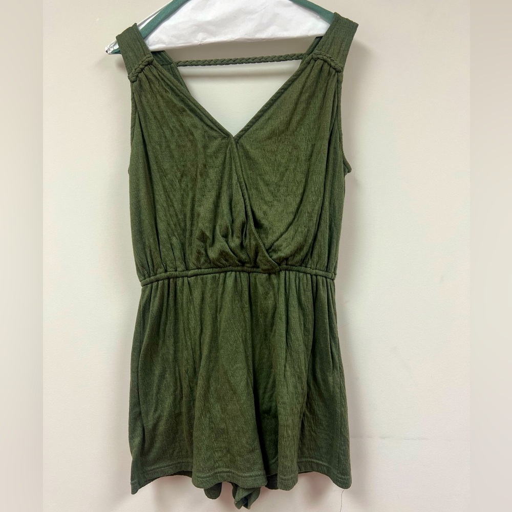 Massimo Olive Green Tank Romper with braided detailing on back size Small